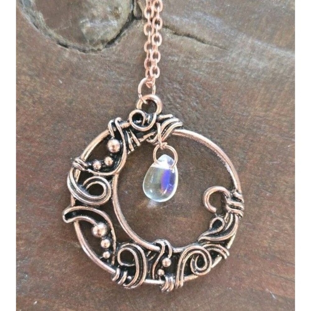 Boho Moon Pendant Necklace Rose Gold Copper Tone w/ Teardrop Crystal Charm
